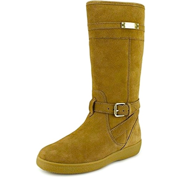 COACH "TALLULAH" TAN SUEDE & FAUX SHEARLING LINED EQUESTRIAN BOOTS SIZE 9 - Picture 1 of 4